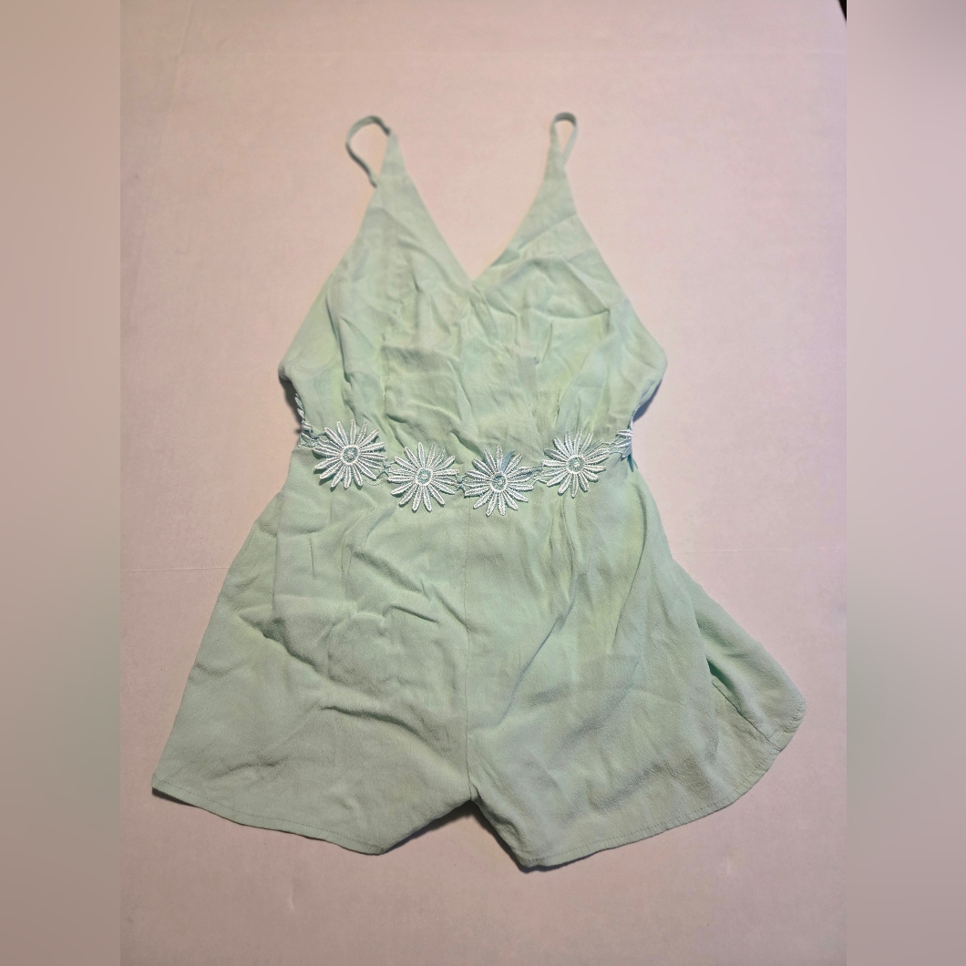 Maddy K Green Embellished Spaghetti Strap Backless Camisole Romper Size M Euc